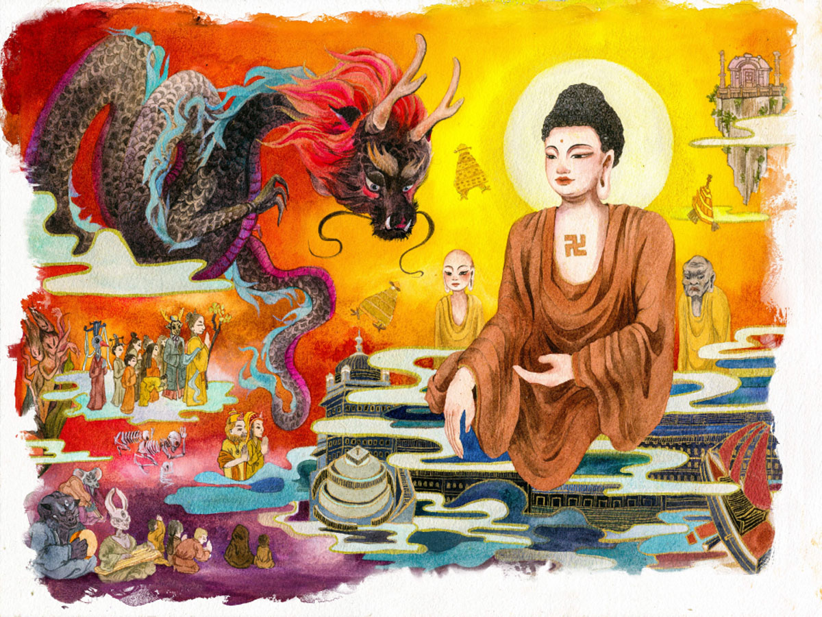 佛陀讲经水彩
